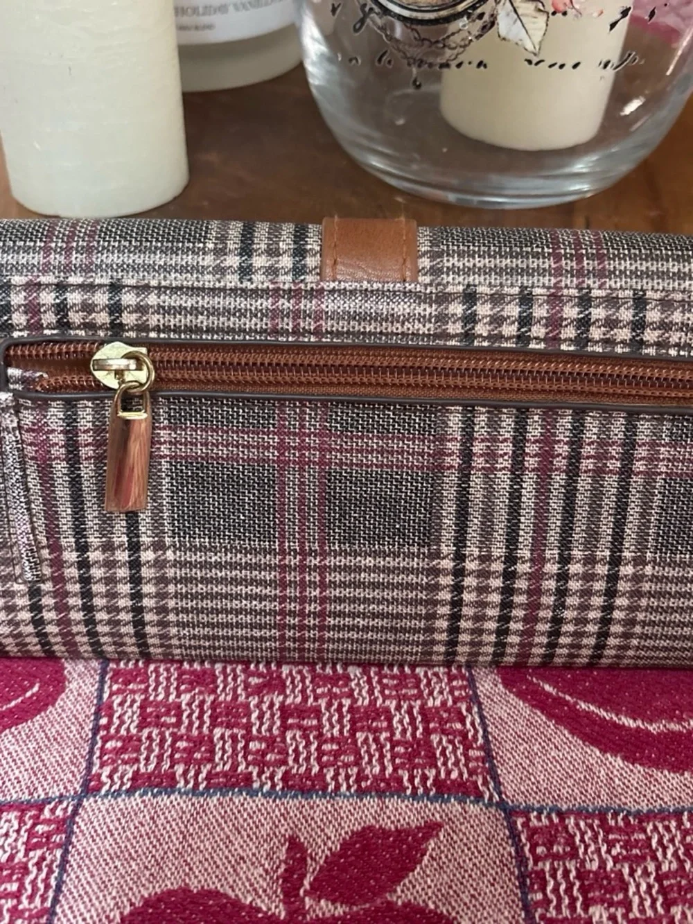 Plaid Fold-Over wallet with Tan Leather Strap